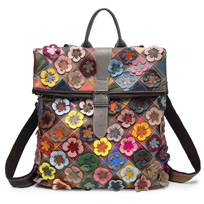 Women'S Fashion Backpack - Vintage Damen Echtleder-Rucksack mit Blumenmuster, Echtes