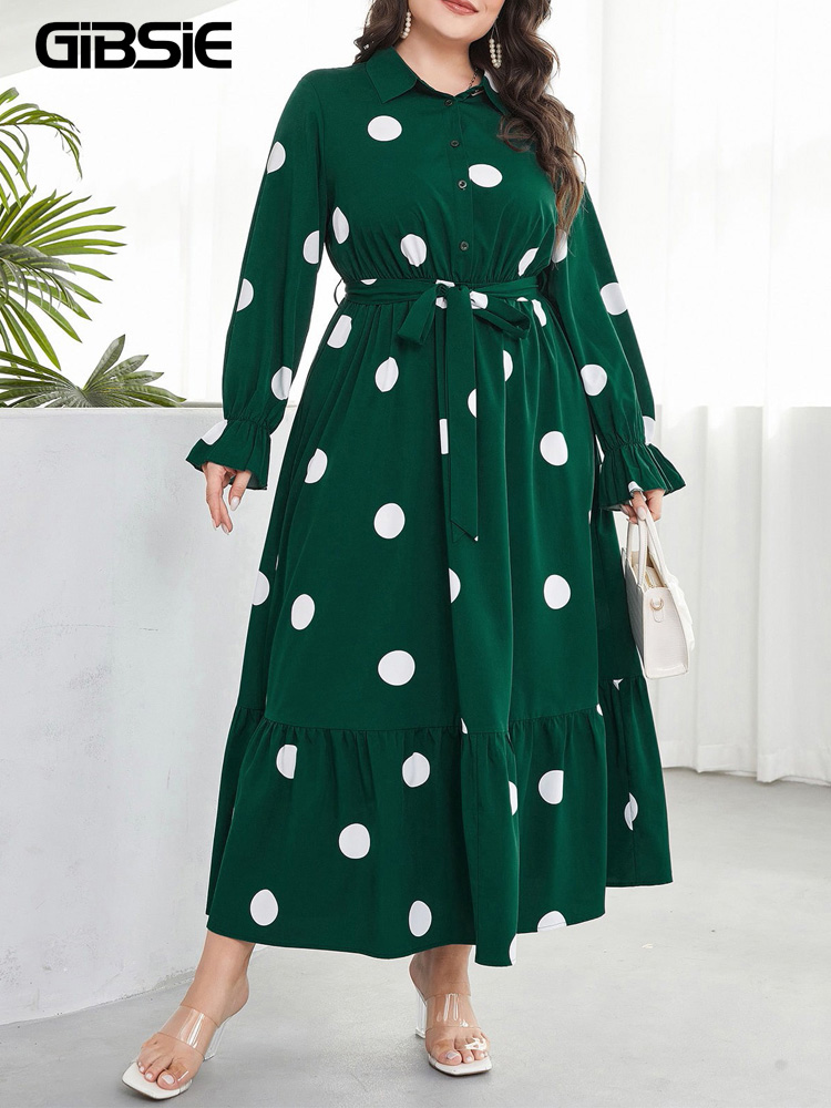 Belted Shirt Dress - GIBSIE Übergröße Polka Dot Hemdkleid mit