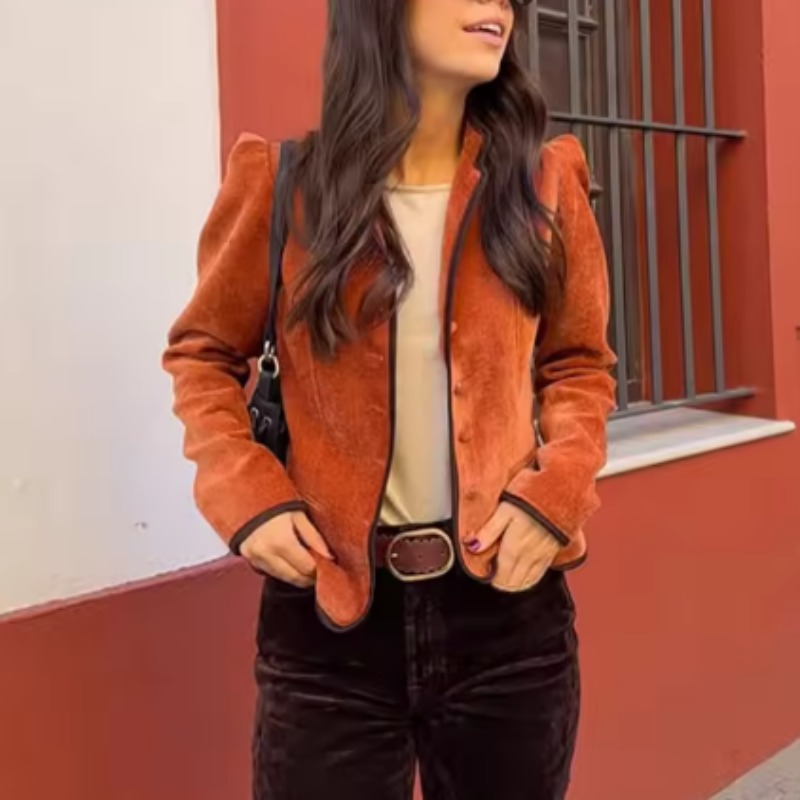 Velvet Blazer Women - Stehkragen-Blazer mit Kontrastpaspelierung, Samt, Langarm, Einreiher,
