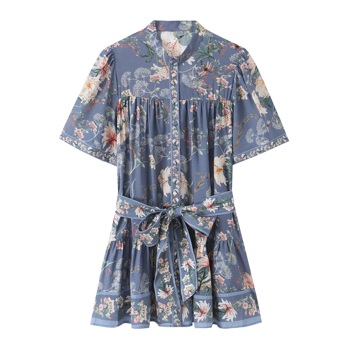 Damen Blumenmuster Kurzarm-Hem – Belted Shirt Dress Bewertung und Preis